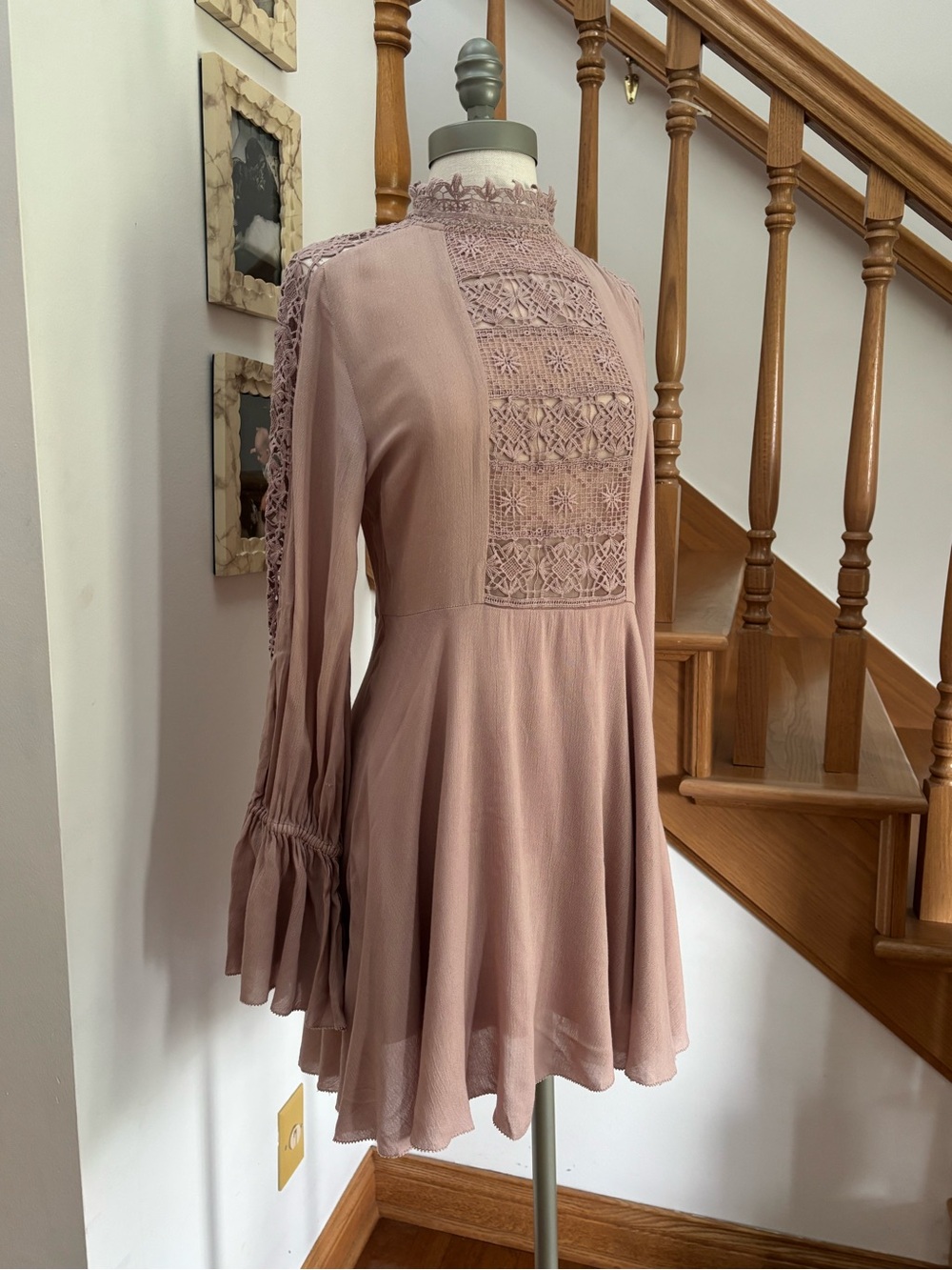 Free People One Dusty Lilac Bell Sleeve Crochet Mini Dress